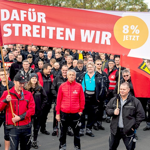 Menschen mit Transparent, das acht Prozent mehr Lohn fordert