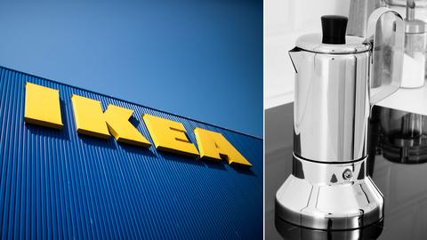 Links ist das Ikea-Logo zu sehen, rechts der Espresskocher aus Metall.