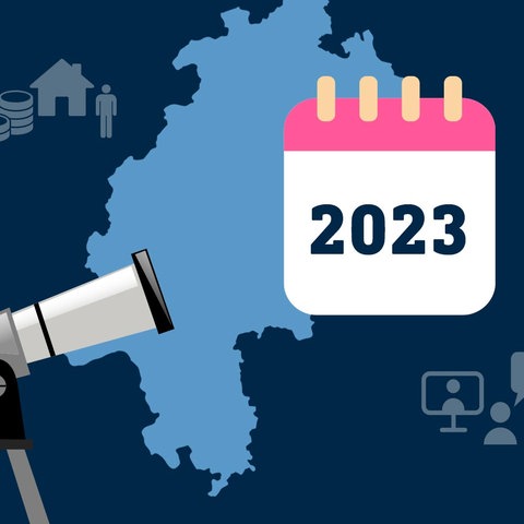 Hessenkarte gerahmt von einem Kalender mit "2023",  ein Fernrohr, das darauf gerichtet ist und einige Icons zu den Themen.