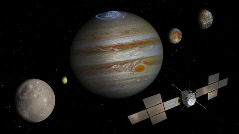 Die nicht maßstabsgetreue Abbildung zeigt die Sonde "Juice", Jupiter (mittig) und die Monde Ganymed (von links nach rechts), Io, Europa und Kallisto.