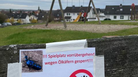 Ölkäfer-Warnschild auf Spielplatz in Hofgeismar