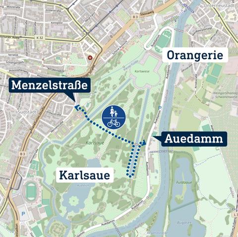 Karte eines Parkes mit eingezeichneter Radroute