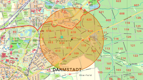 Karte: Fundort der Weltkriegsbombe in Darmstadt-Kranichstein