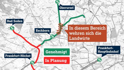 Kartenausschnitt von Frankfurt, in welchen S-Bahn-Strecken und ein Bereich markiert sind. Neben dem Bereich der Text "In diesem Bereich wehren sich die Landwirte". 
