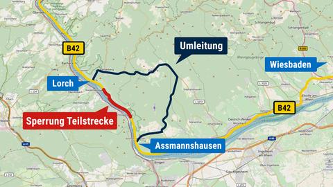 Eine Karte zeigt die Orte Lorch und Assmannshausen und den Teilbereich der B42, der gesperrt ist.