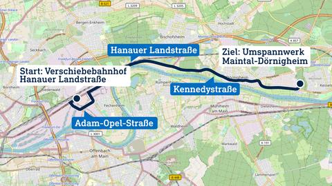 Das Bild zeigt eine Karte der Strecke, die ein Schwertransport zwischen der Hanauer Landstraße in Frankfurt und einem Umspannwerk in Maintal-Dörnigheim zurücklegt.