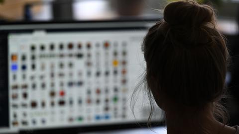 Eine Frau sitzt vor einem Computer, auf dessen Bildschirm unscharf Fotos zu sehen sind.