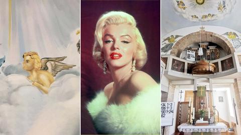 Bildkombination: links, Detailfoto eines Deckengemädes; mittig, Filmfoto von Marilyn Monroe; rechts Foto vom Innenraum einer Kirche.