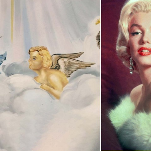Bildkombination: links, Detailfoto eines Deckengemädes; mittig, Filmfoto von Marilyn Monroe; rechts Foto vom Innenraum einer Kirche.