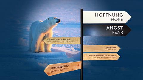 Illustration: im Hintergrund blau eingefärbt mit Spotlight ein Eisbär, davor eine Stele mit Wegweisern, auf denen unter anderem steht: "Angst", "Hoffnung". 