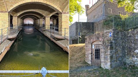 Bildkombination aus zwei Fotos: links Blick in eine Halle mit vielen gemauerten Säulen, im Boden ein Wasserbassin ; rechts Außenansicht einer Burg, im Bildvordergrund der Eingang in den dunklen Keller.