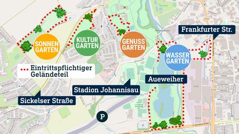 Karte vom Ausstellungsgelände in Fulda, mit Straßen, Gärten etc.
