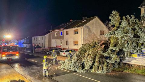 Umgestürzter Baum auf Haus, Feuerwehrleute