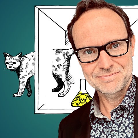 Portrait eines Mannes mit schwarzer Brille. Daneben eine Zeichnung, die zeigt, wie eine Katze durch eine Wand eines Kastens geht.