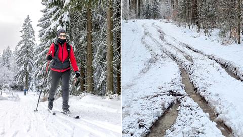 Zu sehen sind zwei Fotos - einmal eine Skilangläuferin auf einer intakten Loipe mit geschlossener Schneedecke und einmal eine zerstörte Loipe.