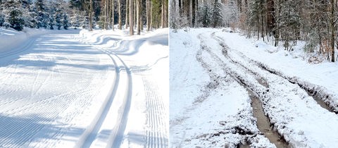 Zu sehen sind zwei Fotos eine Loipe - einmal intakt mit geschlossener Schneedecke und einmal zerstört.