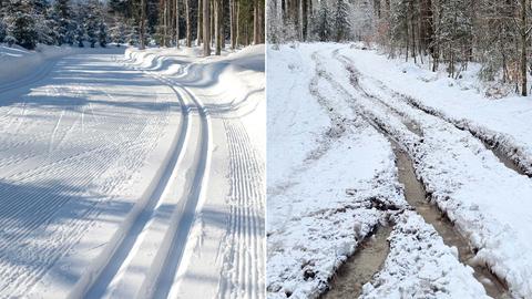 Zu sehen sind zwei Fotos eine Loipe - einmal intakt mit geschlossener Schneedecke und einmal zerstört.