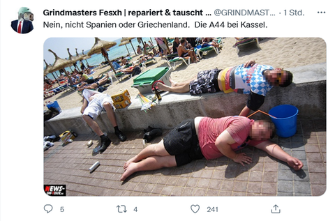 Twitter-Foto A44 bei Kassel, darauf betrunkene Menschen auf Mallorca
