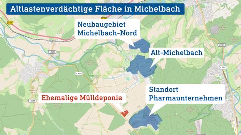 Die Karte verortet das Neubaugebiet und den alten Ortskern Michelbach, das Pharmaunternehmen und die ehemalige Mülldeponie.