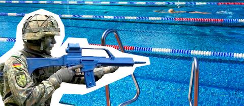 Bildmontage aus einem Foto eines Soldaten mit blauem, unechten Maschinengewehr im Anschlag und einem Symbolfoto Schwimmbad, auf dem man eine blaues Wasserfläche mit Abtrennungsketten sieht und im Hintrergund klein eine Schwimmerin.