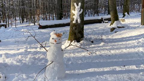 Schneemann mit Schneehasen an Baumrinde