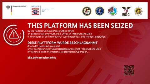 Banner von Behörden, die eine Darknet-Plattform abgeschaltet haben. Darauf steht: "This platform has been seized"