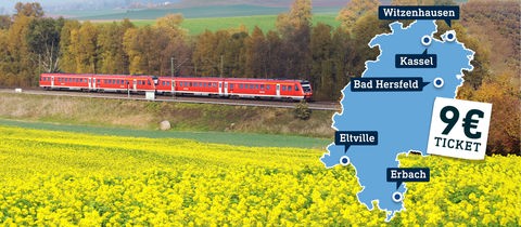 Eine Regionalbahn fährt durch die Landschaft. Im Vordergrund ein gelb blühendes Feld. Daneben eine Hessenkarte mit den Orten "Witzenhausen, Kassel, Bad Hersfeld, Eltville, Erbach" eingezeichnet.