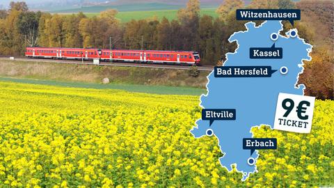 Eine Regionalbahn fährt durch die Landschaft. Im Vordergrund ein gelb blühendes Feld. Daneben eine Hessenkarte mit den Orten "Witzenhausen, Kassel, Bad Hersfeld, Eltville, Erbach" eingezeichnet.