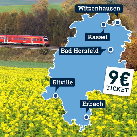 Eine Regionalbahn fährt durch die Landschaft. Im Vordergrund ein gelb blühendes Feld. Daneben eine Hessenkarte mit den Orten "Witzenhausen, Kassel, Bad Hersfeld, Eltville, Erbach" eingezeichnet.