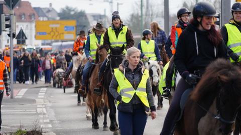 Demo-Teilnehmende zu Fuß und zu Pferd