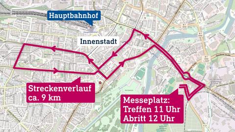 Karte von Kassel, in welcher mit einer Linie die Strecke verdeutlicht wird.