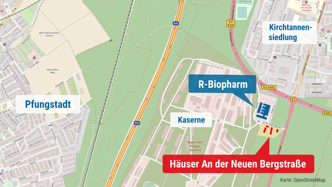 Die Karte zeigt den Standort der Häuser "An der Neuen Bergstraße" und das benachbarte Unternehmen R-Biopharm.