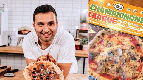 Kombo mitPizza-Bäcker in Küche und Pizza Champignons-League 
