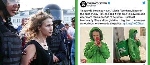 Bildkombination: links ein Foto, auf welchem zwei russische Polizisten Maria Aljochina abführen, rechts ein Screenshot eines Twitterposts der New York Times, der zwei Fotos mit Aljochina in grüner Lieferdienstkleidung zeigt.