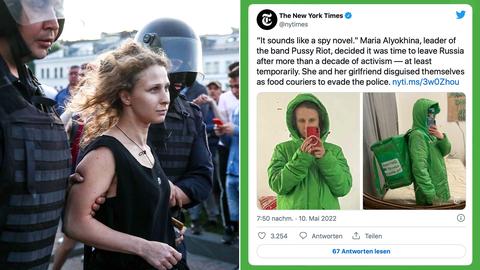 Bildkombination: links ein Foto, auf welchem zwei russische Polizisten Maria Aljochina abführen, rechts ein Screenshot eines Twitterposts der New York Times, der zwei Fotos mit Aljochina in grüner Lieferdienstkleidung zeigt.