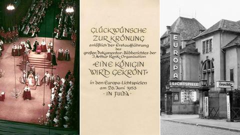 Bildkombination aus drei Fotos: links Foto der Krönung, mittig ein historisches Schrift-Dokument, rechts Außenansicht des Lichtspielhaus in Fulda.
