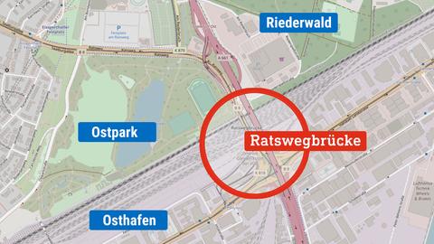 Die Grafik zeigt auf einer Karte die Verortung der Ratswegbrücke im Frankfurter Ostend.