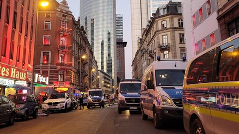 Polizeiautos stehen im Frankfurter Bahnhofsviertel.