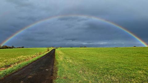 Ein Regenbogen über einem Feldweg
