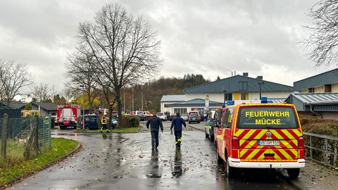 Feuerwehrautos parken vor der Schule.