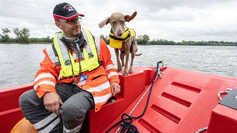 Ein brauner Hund mit langen Ohren sitzt auf dem Rand eines roten Bootes. Neben ihr sitzt ihr Hundeführer Frank Heuckenroth in Sicherheitskleidung und mit Rettungsweste.