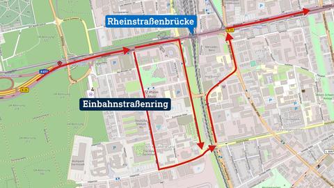 Kartenausschnitt von Darmstadt mit eingezeichneter Verkehrsführung der Umleitung