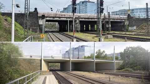 Oben: Die Rheinstraßenbrücke, wie sie jetzt aussieht. Unten: So soll sie spätestens 2027 aussehen. 