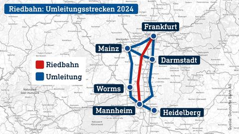 Die Grafik zeigt eine Karte, in welche die Strecke der Riedbahn zwischen Frankfurt und Mannheim und die Umleitungsstrecken eingezeichnet sind. 