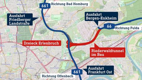 Die Grafik verortet auf einer Karte den im Bau befindlichen Riederwaldtunnel.