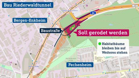 Die Karte zeigt Gebiete in Frankfurt an, in dem Rodungen für den Bau des Riederwaldtunnels vorgenommen werden sollen.