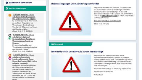 Screenshot der RMV-Seite mit Warnhinweisen wegen Sturmtief "Sabine"