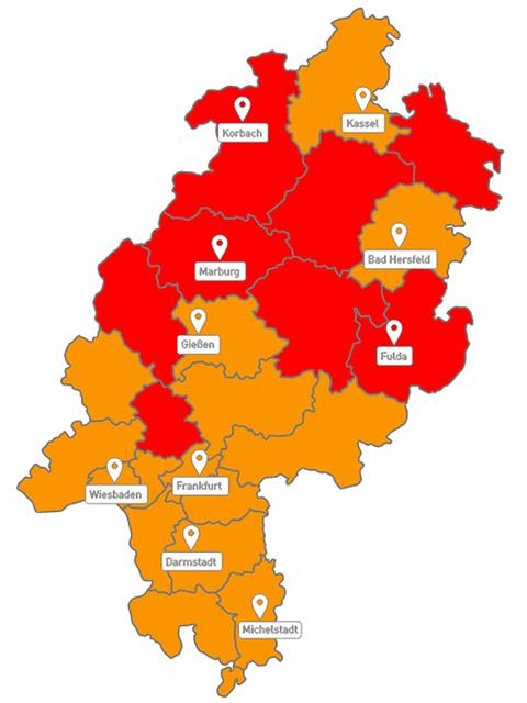 Hessenkarte mit Unwetterwarnungen