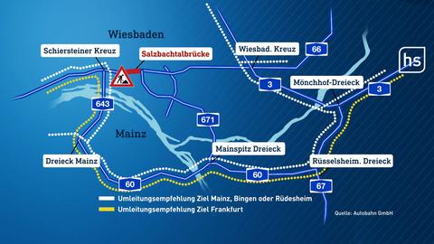 Die Grafik zeigt das Straßengeflecht um die Salzbachtalbrücke und alternative Routen.