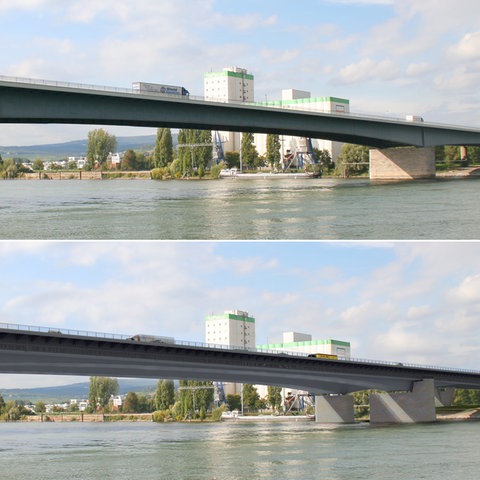Die Schiersteiner Brücke vor dem Umbau und wie sie einmal aussehen wird
